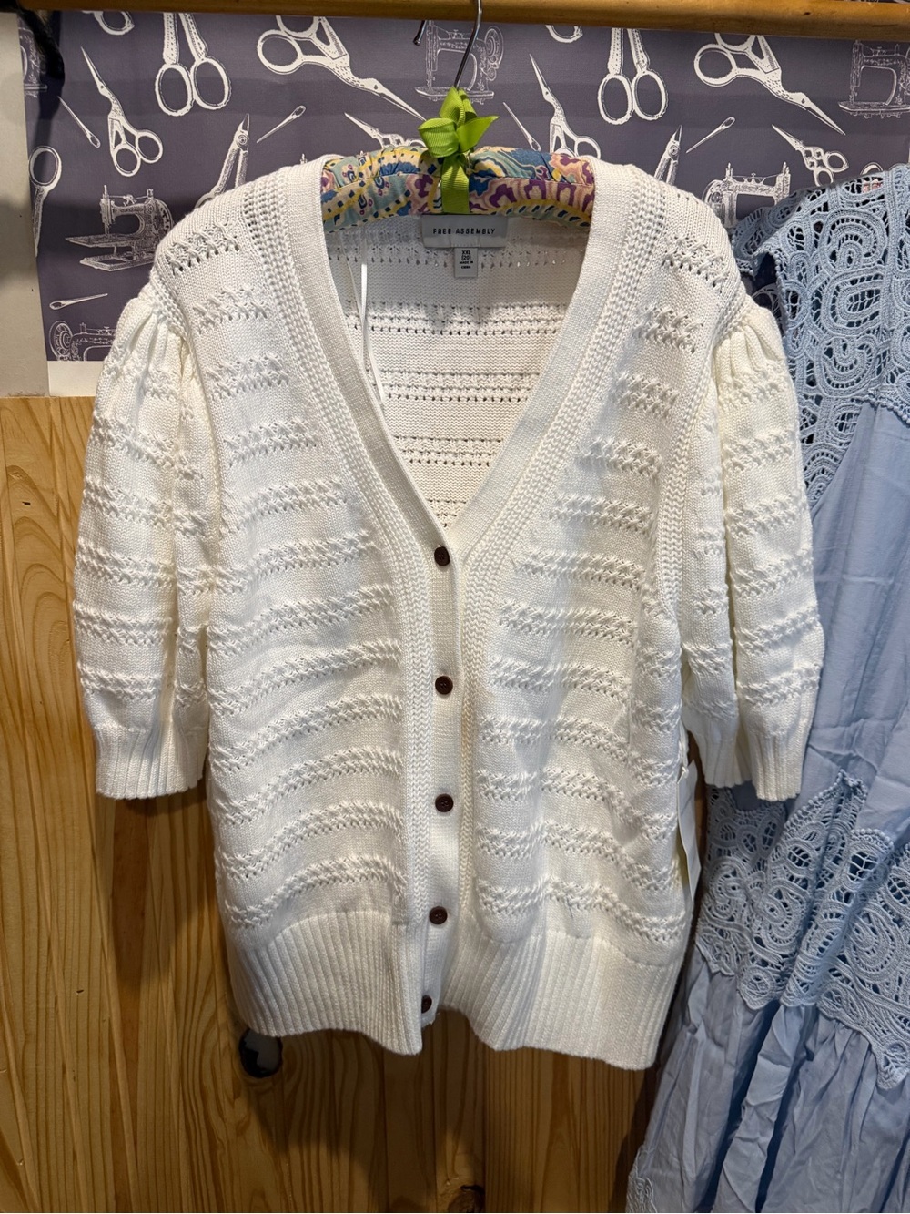 Open-Knit White Puff-Sleeve Cardigan with V-Neck